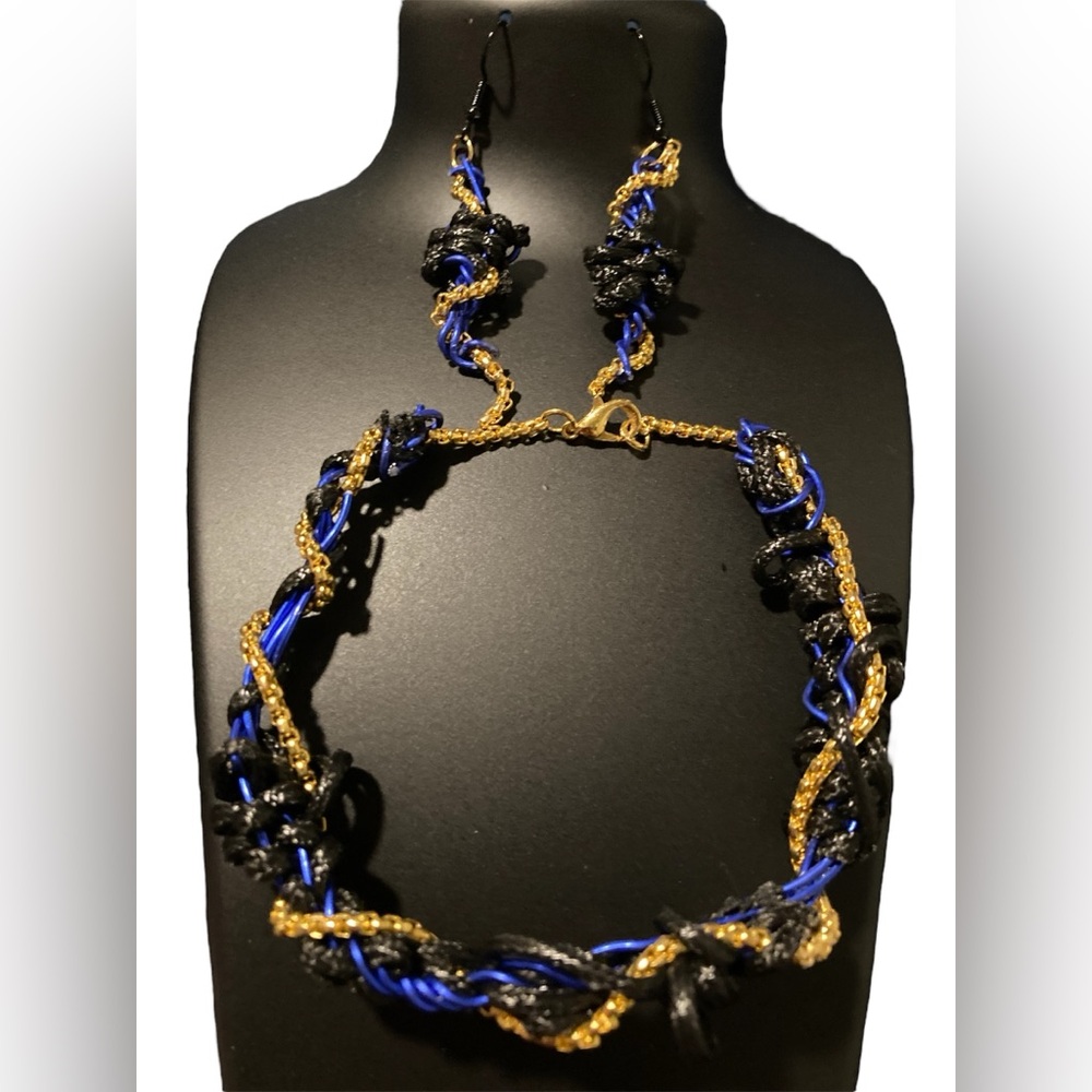 Blue, gold and black woven bracelet and earrings set